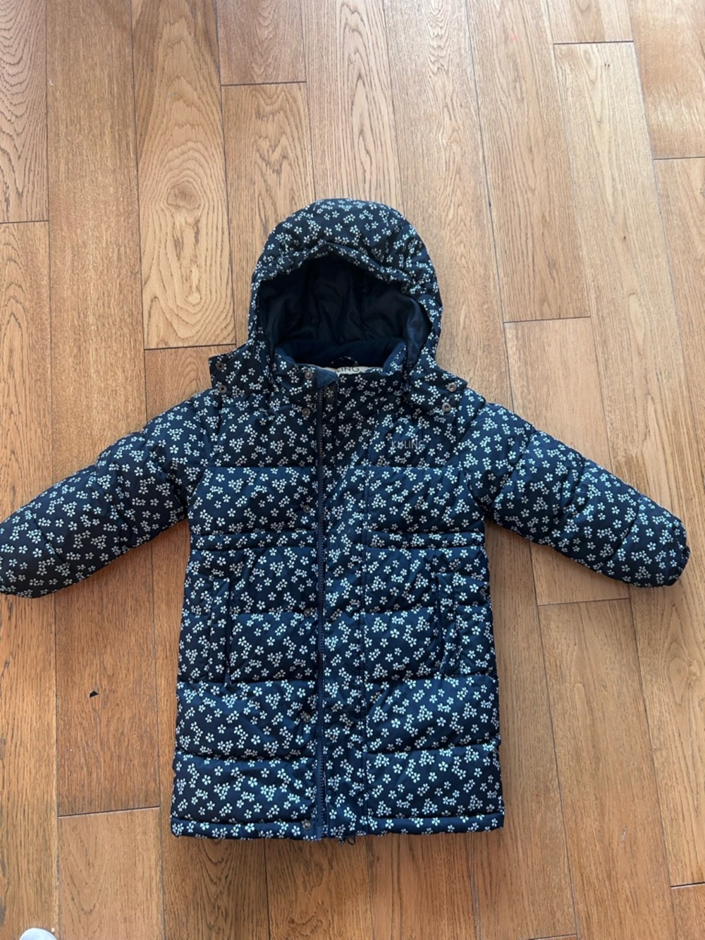 Kids Floral Hooded Puffer Jacket - Navy